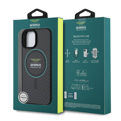 iPhone 15 Kılıf Aston Martin Orjinal Lisanslı M-safe Şarj Özellikli Renkli Halka ve Karbon Fiber Tasarımlı Kapak