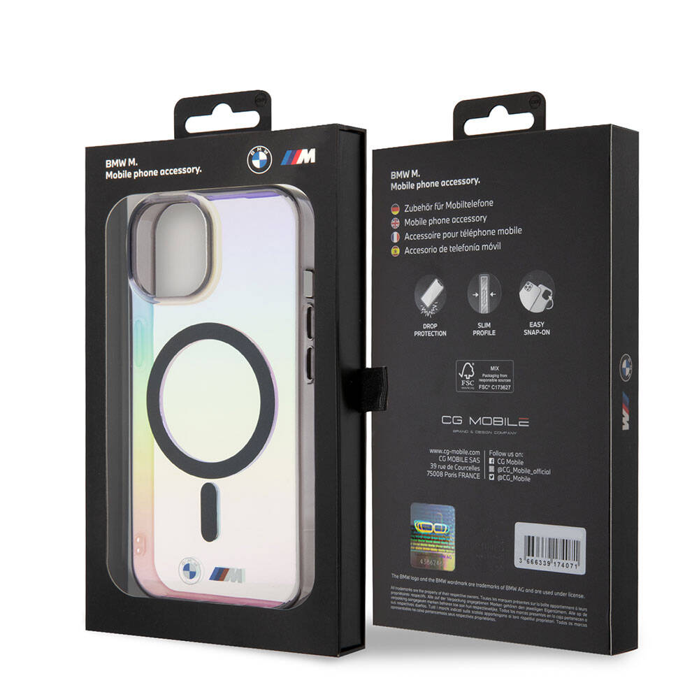 iPhone 15 Kılıf BMW M-safe Şarj Özellikli Transparan Renk Geçişli Iridescent Orjinal Lisanslı Kapak