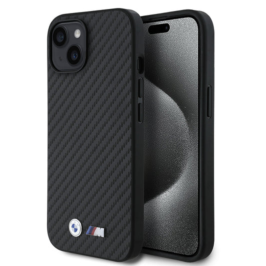 iPhone 15 Kılıf BMW Orjinal Lisanslı Karbon Fiber Tasarımlı ve Metal Logolu PU Deri Kapak