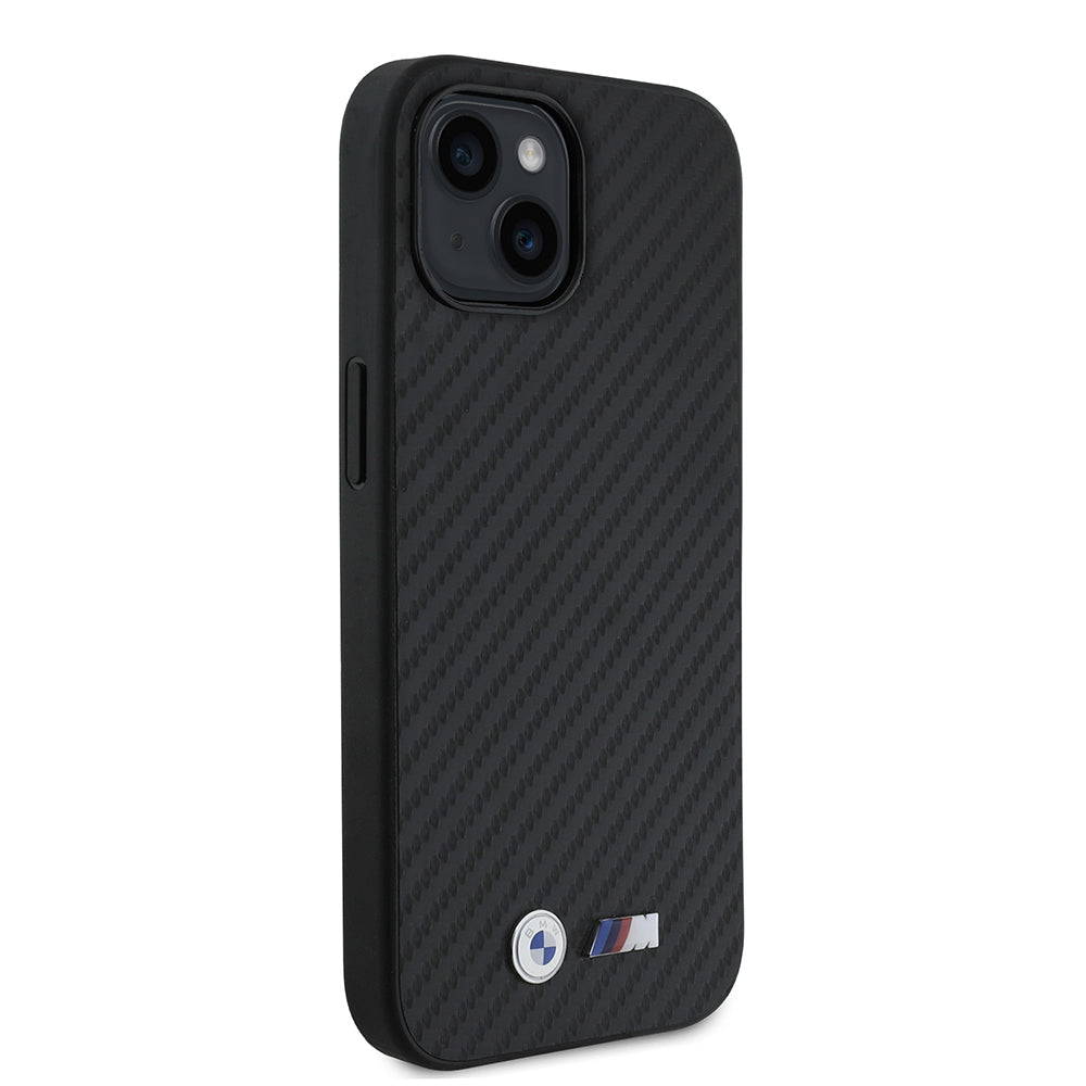 iPhone 15 Kılıf BMW Orjinal Lisanslı Karbon Fiber Tasarımlı ve Metal Logolu PU Deri Kapak