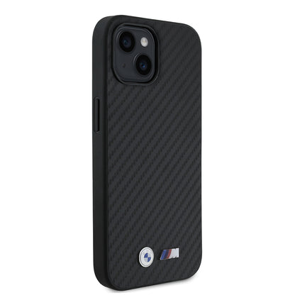 iPhone 15 Kılıf BMW Orjinal Lisanslı Karbon Fiber Tasarımlı ve Metal Logolu PU Deri Kapak