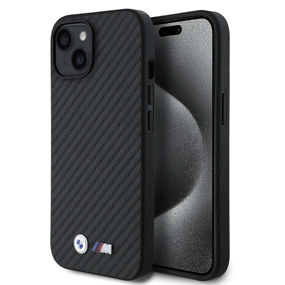 iPhone 15 Kılıf BMW Orjinal Lisanslı Karbon Fiber Tasarımlı ve Metal Logolu PU Deri Kapak