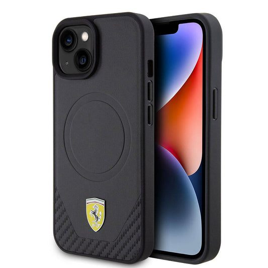 iPhone 15 Kılıf Ferrari Orjinal Lisanslı M-safe Şarj Özellikli Metal Logolu PU Karbon Kapak