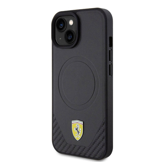 iPhone 15 Kılıf Ferrari Orjinal Lisanslı M-safe Şarj Özellikli Metal Logolu PU Karbon Kapak