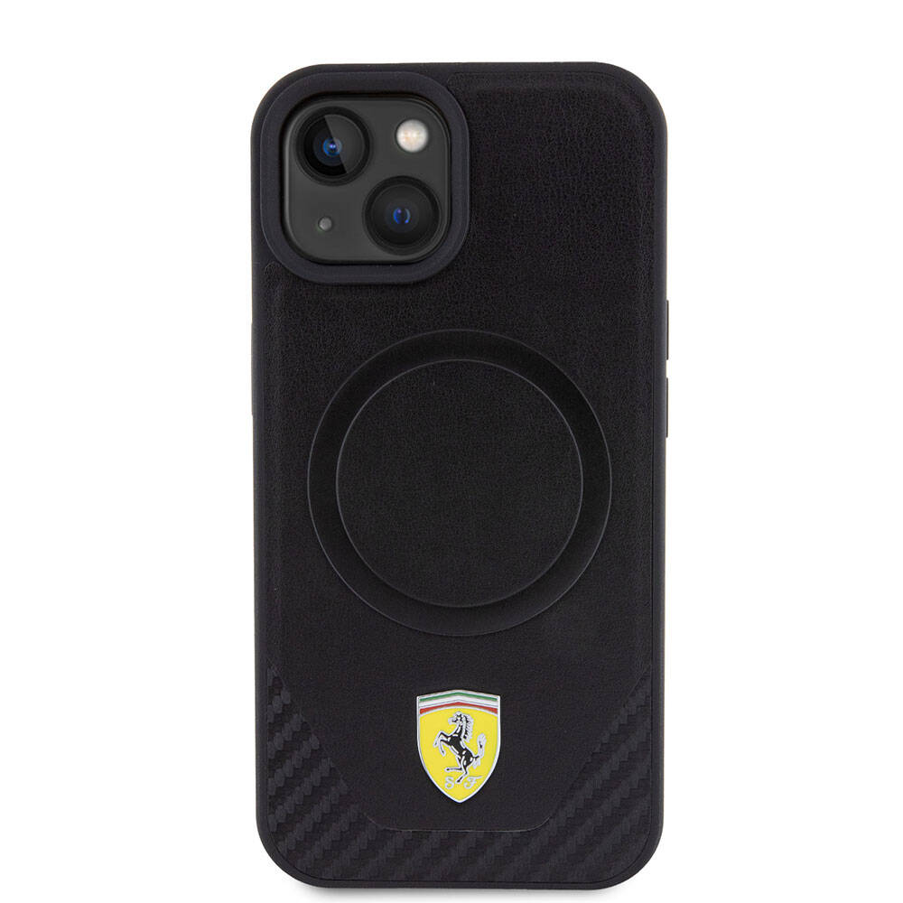 iPhone 15 Kılıf Ferrari Orjinal Lisanslı M-safe Şarj Özellikli Metal Logolu PU Karbon Kapak