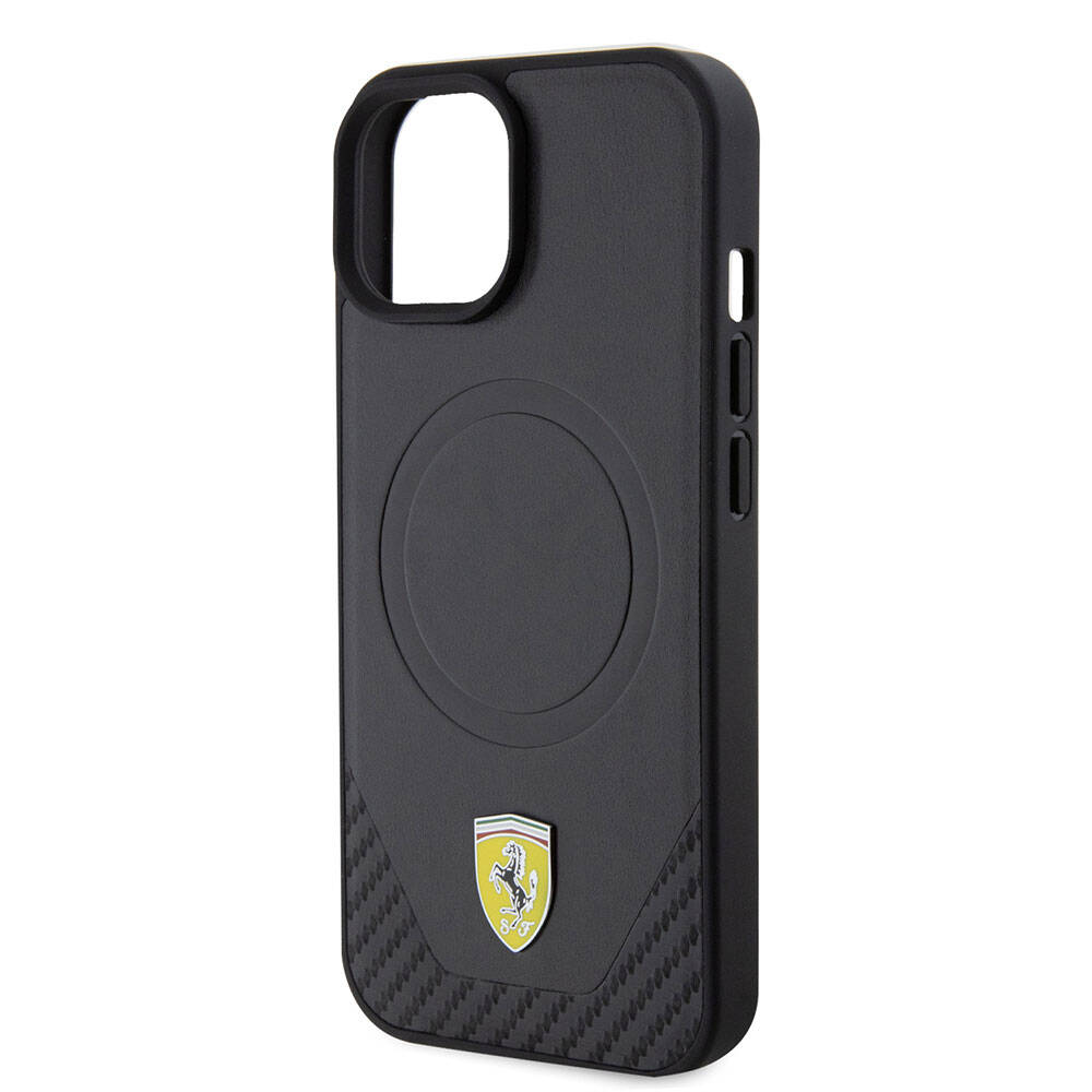 iPhone 15 Kılıf Ferrari Orjinal Lisanslı M-safe Şarj Özellikli Metal Logolu PU Karbon Kapak