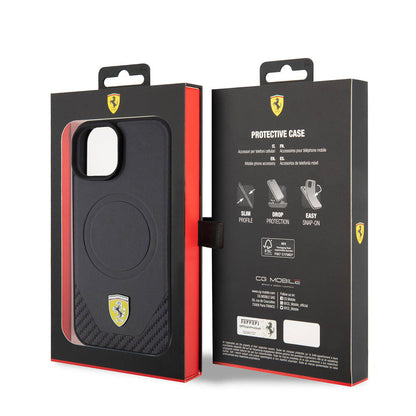iPhone 15 Kılıf Ferrari Orjinal Lisanslı M-safe Şarj Özellikli Metal Logolu PU Karbon Kapak