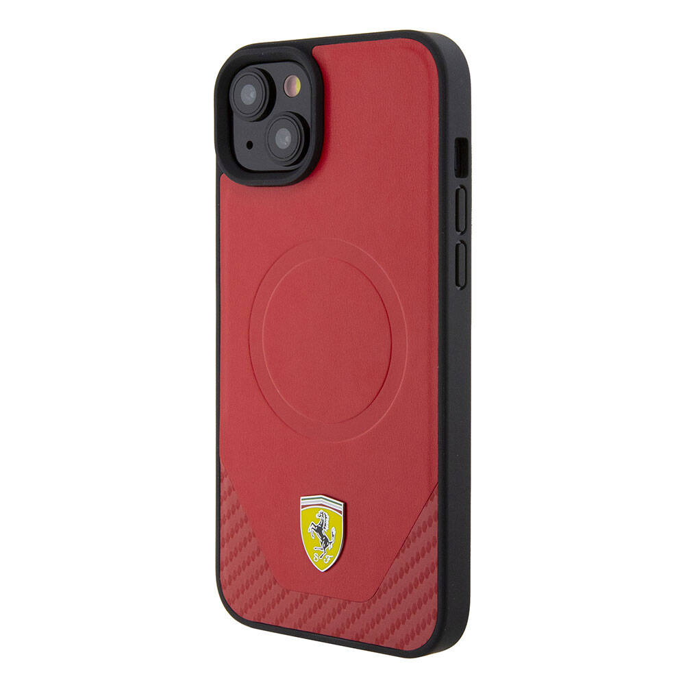 iPhone 15 Kılıf Ferrari Orjinal Lisanslı M-safe Şarj Özellikli Metal Logolu PU Karbon Kapak