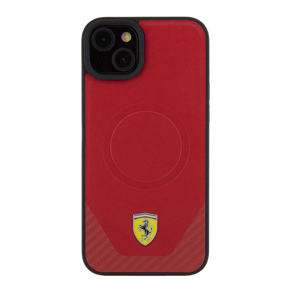 iPhone 15 Kılıf Ferrari Orjinal Lisanslı M-safe Şarj Özellikli Metal Logolu PU Karbon Kapak