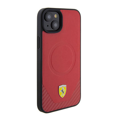 iPhone 15 Kılıf Ferrari Orjinal Lisanslı M-safe Şarj Özellikli Metal Logolu PU Karbon Kapak