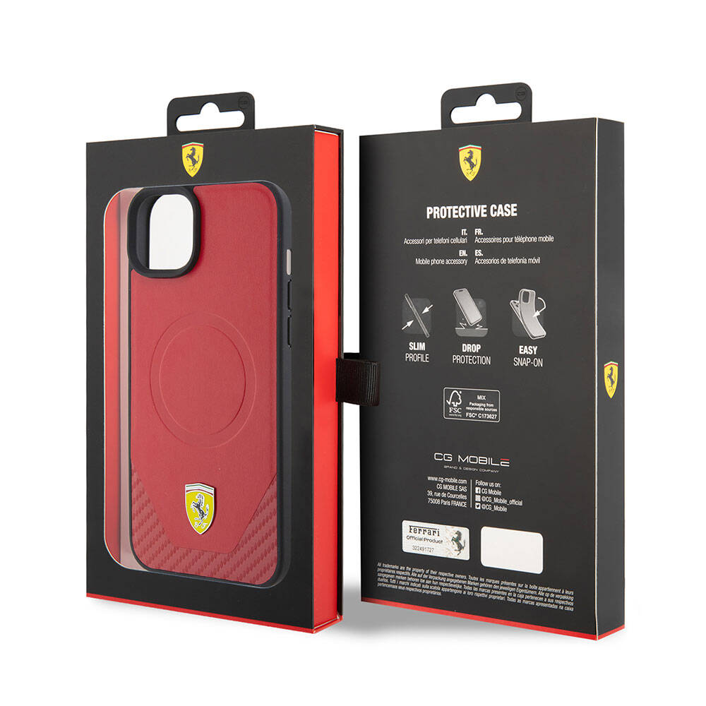 iPhone 15 Kılıf Ferrari Orjinal Lisanslı M-safe Şarj Özellikli Metal Logolu PU Karbon Kapak