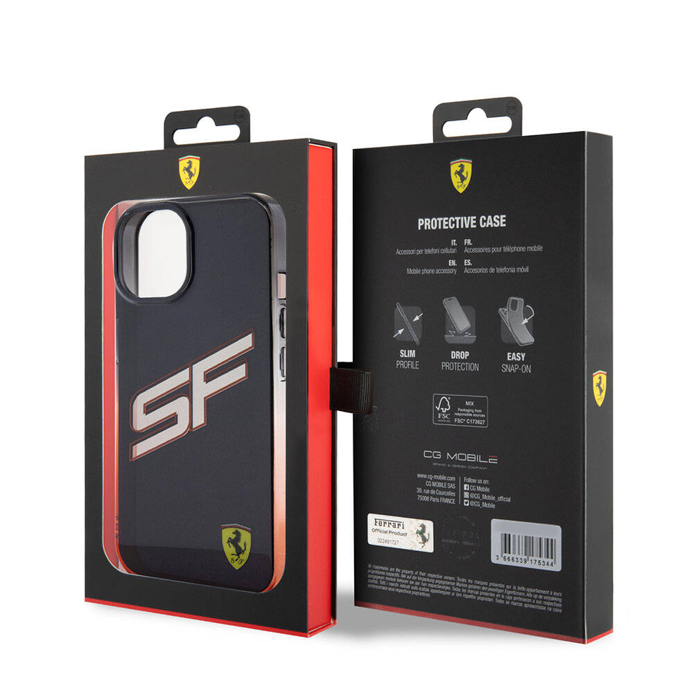 iPhone 15 Kılıf Ferrari Orjinal Lisanslı Transparan SF Yazılı Kenarları Renk Geçişli Kapak
