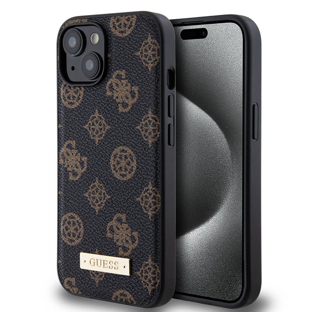 iPhone 15 Kılıf Guess M-safe Şarj Özellikli PU Deri Desenli Metal Plaka Logolu Kapak