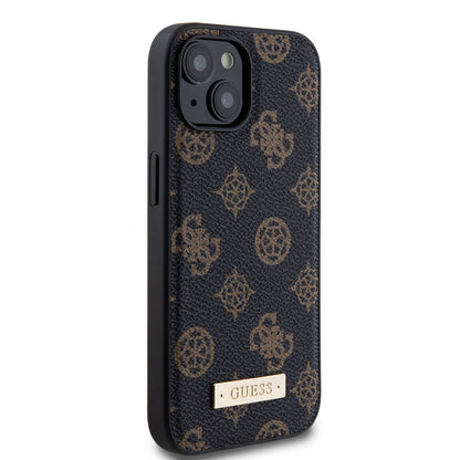 iPhone 15 Kılıf Guess M-safe Şarj Özellikli PU Deri Desenli Metal Plaka Logolu Kapak