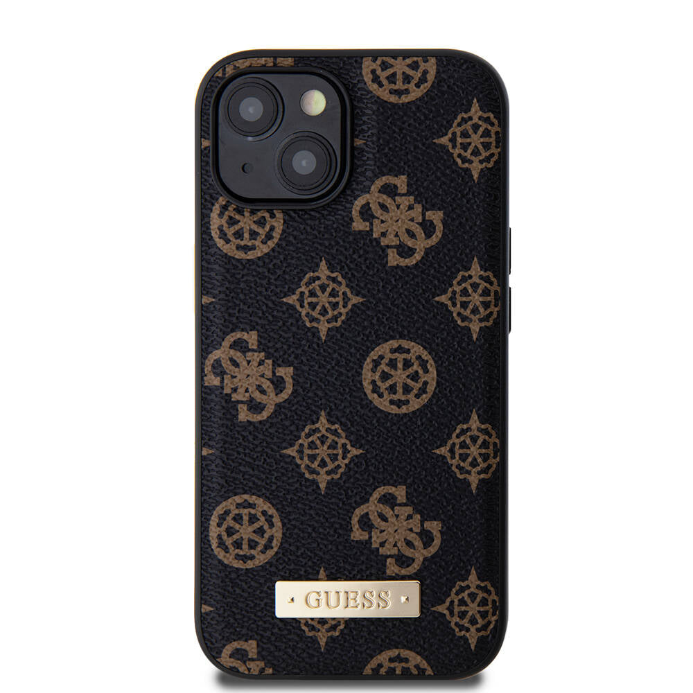 iPhone 15 Kılıf Guess M-safe Şarj Özellikli PU Deri Desenli Metal Plaka Logolu Kapak