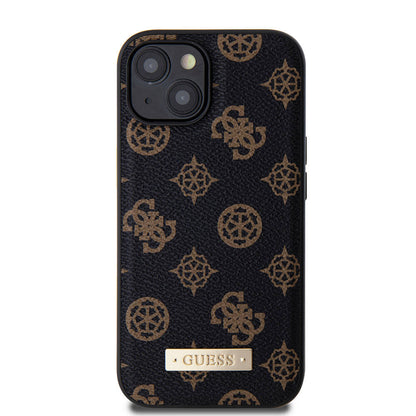 iPhone 15 Kılıf Guess M-safe Şarj Özellikli PU Deri Desenli Metal Plaka Logolu Kapak