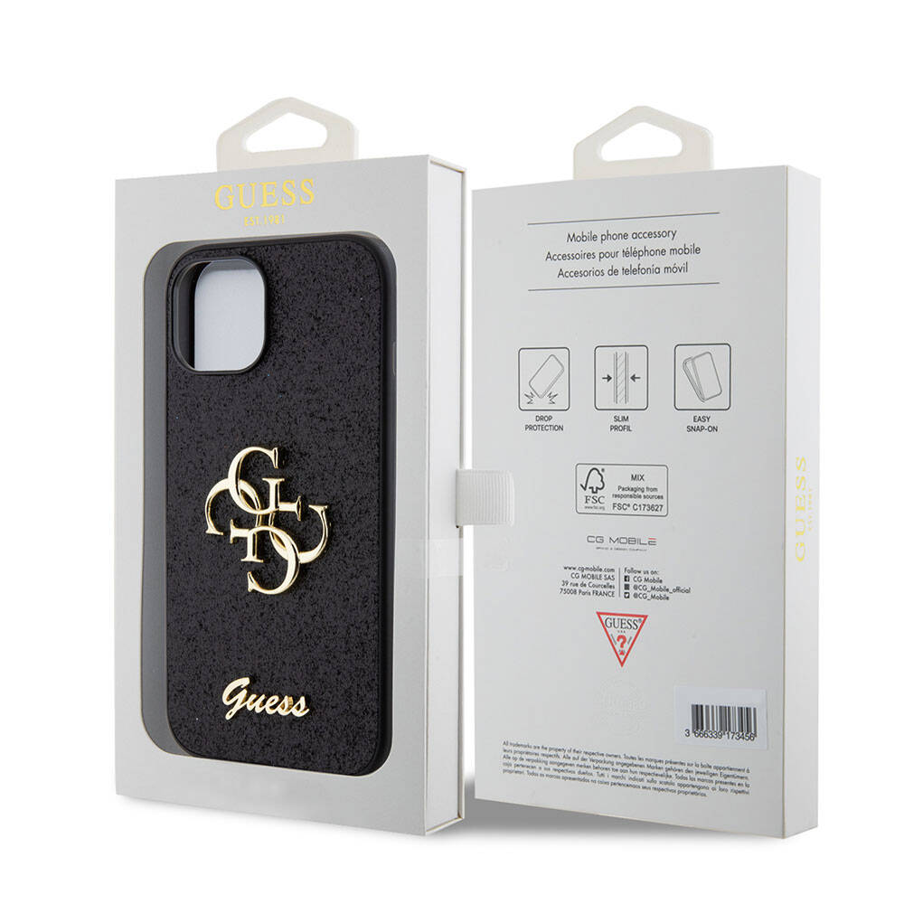 iPhone 15 Kılıf Guess Orjinal Lisanslı 4G Büyük Metal Logolu Glitter Kapak