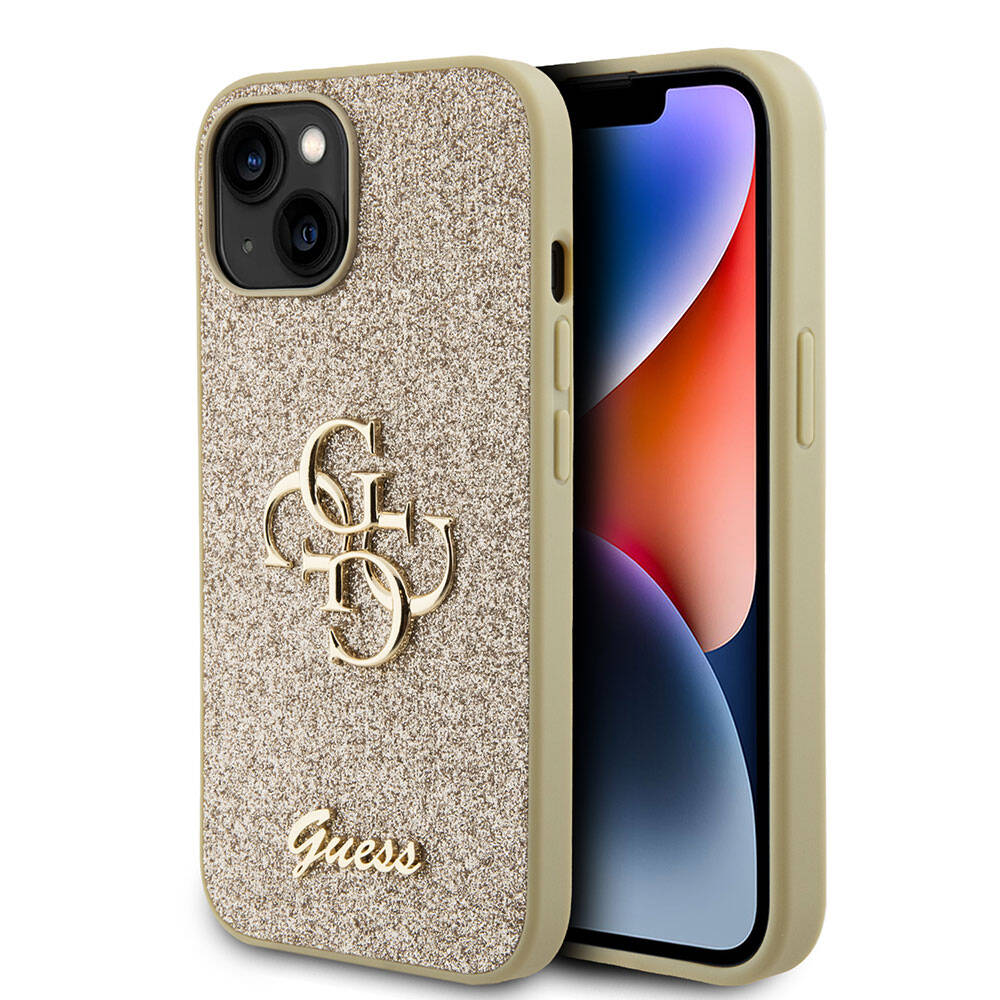 iPhone 15 Kılıf Guess Orjinal Lisanslı 4G Büyük Metal Logolu Glitter Kapak