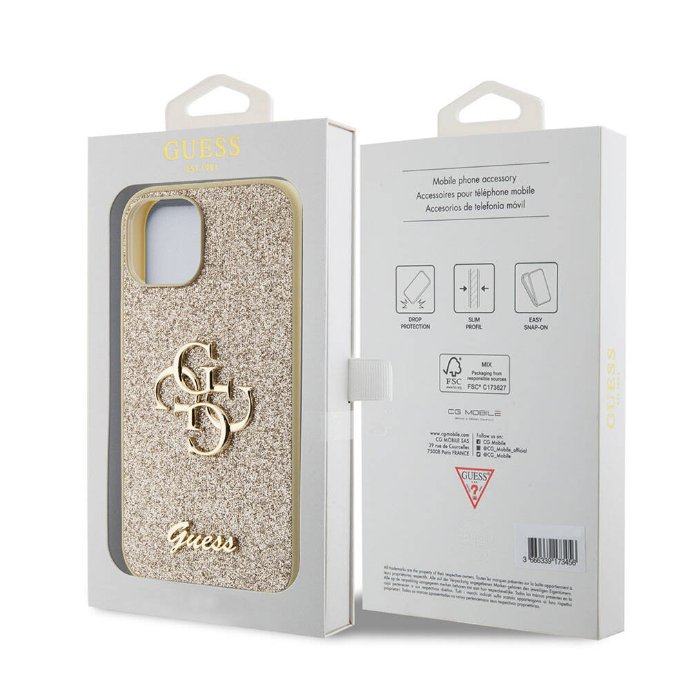 iPhone 15 Kılıf Guess Orjinal Lisanslı 4G Büyük Metal Logolu Glitter Kapak