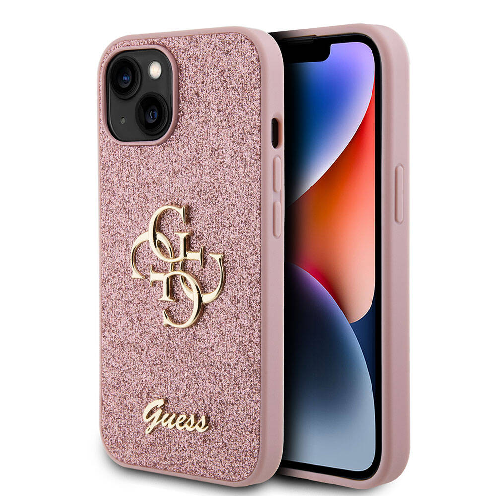 iPhone 15 Kılıf Guess Orjinal Lisanslı 4G Büyük Metal Logolu Glitter Kapak