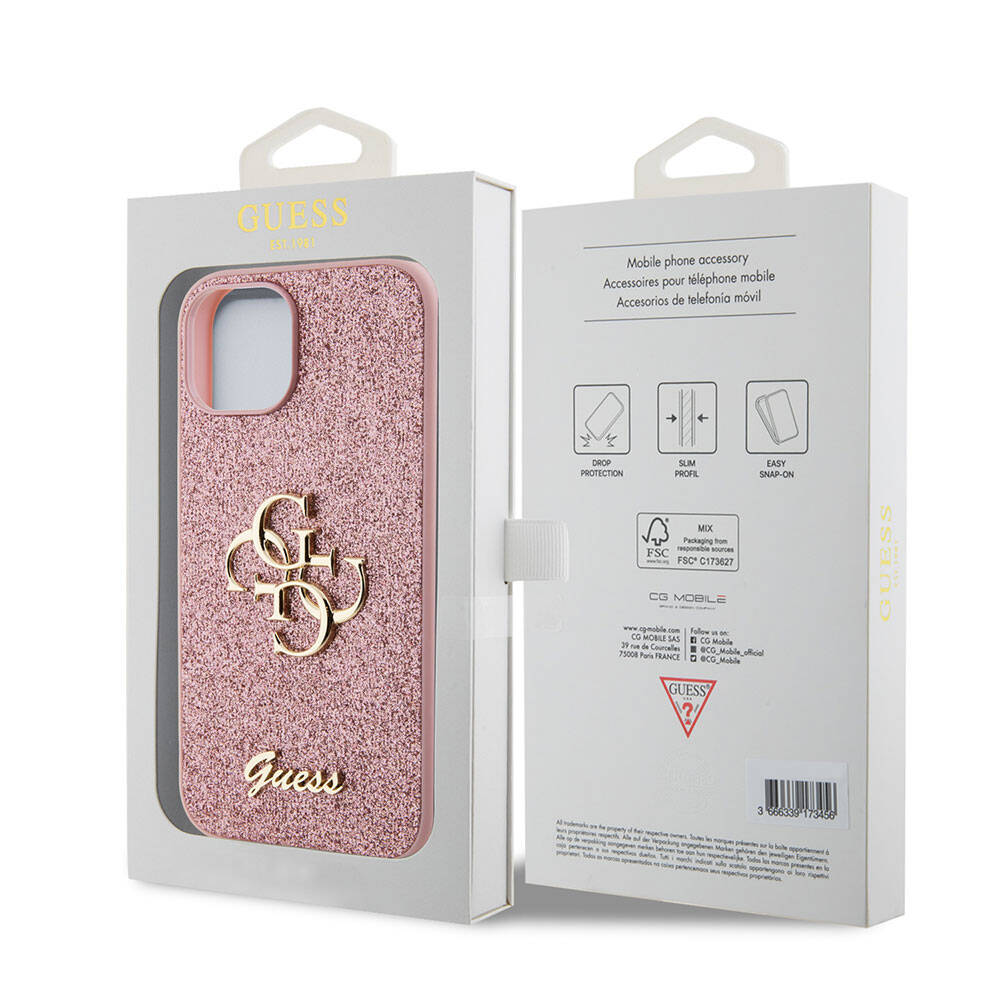 iPhone 15 Kılıf Guess Orjinal Lisanslı 4G Büyük Metal Logolu Glitter Kapak