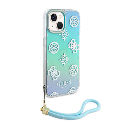 iPhone 15 Kılıf Guess Orjinal Lisanslı Desenli Yazı Logolu Askı İpli Holografik Glitter Peony Kapak