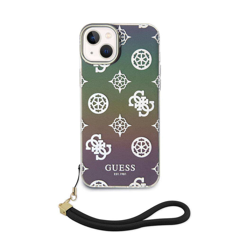iPhone 15 Kılıf Guess Orjinal Lisanslı Desenli Yazı Logolu Askı İpli Holografik Glitter Peony Kapak
