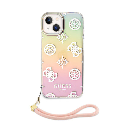 iPhone 15 Kılıf Guess Orjinal Lisanslı Desenli Yazı Logolu Askı İpli Holografik Glitter Peony Kapak