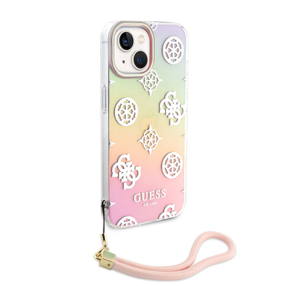 iPhone 15 Kılıf Guess Orjinal Lisanslı Desenli Yazı Logolu Askı İpli Holografik Glitter Peony Kapak