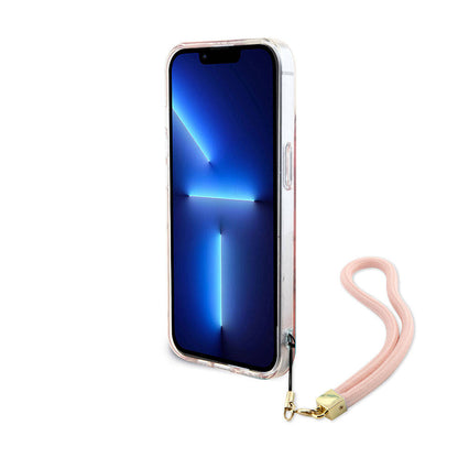 iPhone 15 Kılıf Guess Orjinal Lisanslı Desenli Yazı Logolu Askı İpli Holografik Glitter Peony Kapak