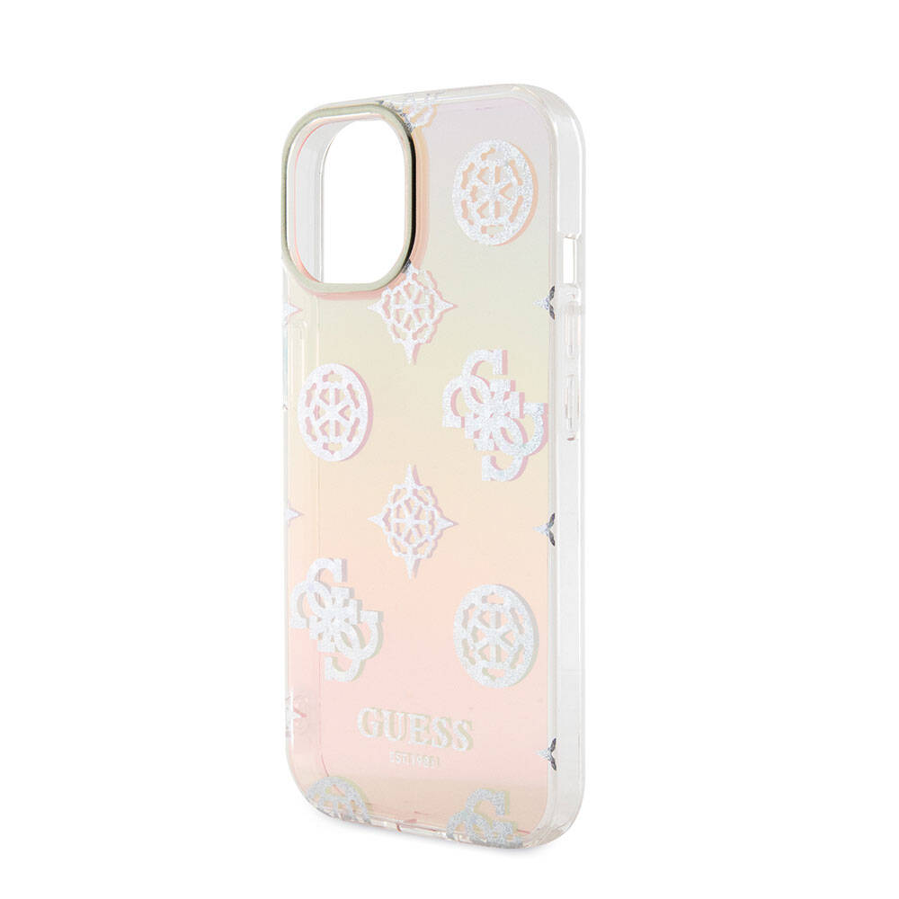 iPhone 15 Kılıf Guess Orjinal Lisanslı Desenli Yazı Logolu Askı İpli Holografik Glitter Peony Kapak