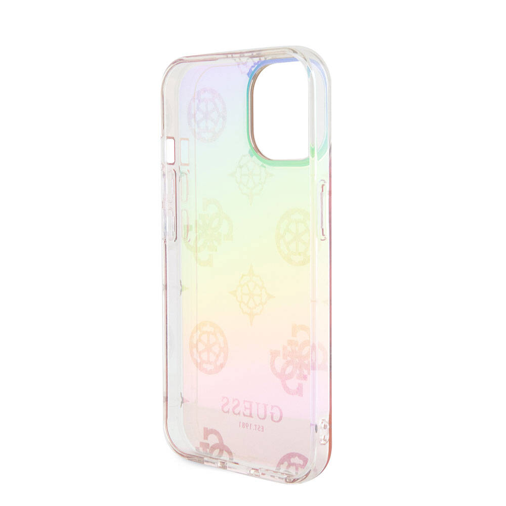 iPhone 15 Kılıf Guess Orjinal Lisanslı Desenli Yazı Logolu Askı İpli Holografik Glitter Peony Kapak