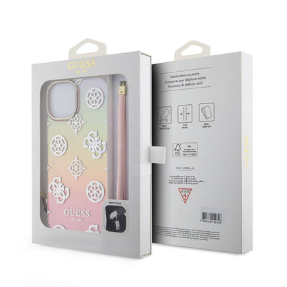 iPhone 15 Kılıf Guess Orjinal Lisanslı Desenli Yazı Logolu Askı İpli Holografik Glitter Peony Kapak