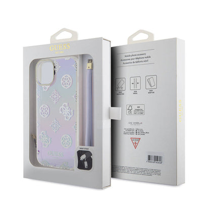 iPhone 15 Kılıf Guess Orjinal Lisanslı Desenli Yazı Logolu Askı İpli Holografik Glitter Peony Kapak
