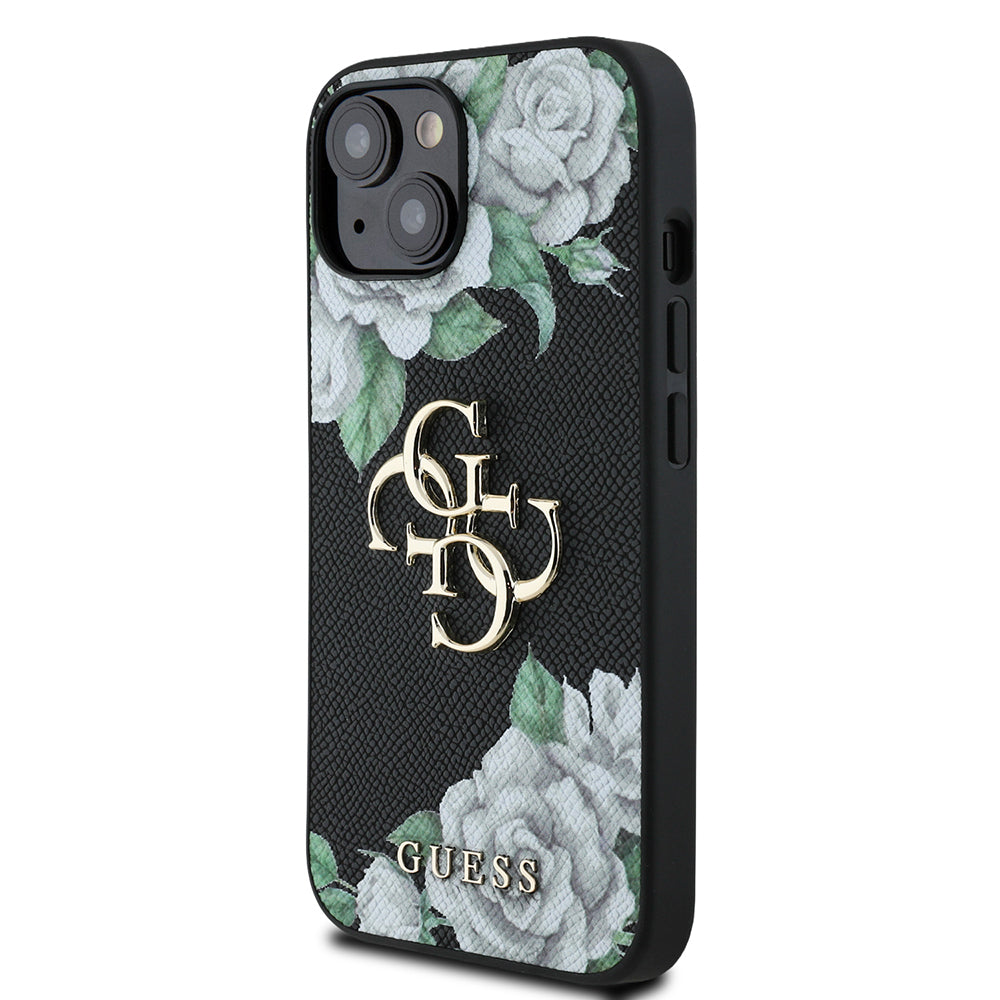 iPhone 15 Kılıf Guess Orjinal Lisanslı Gül Baskılı Büyük Metal Logo Dizaynlı Kapak