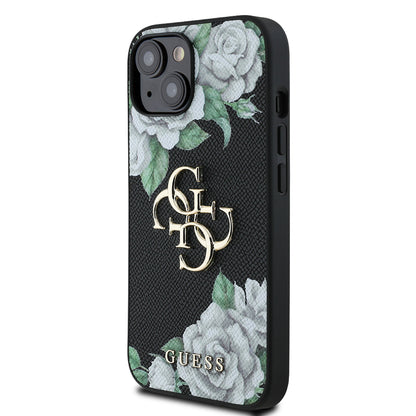 iPhone 15 Kılıf Guess Orjinal Lisanslı Gül Baskılı Büyük Metal Logo Dizaynlı Kapak