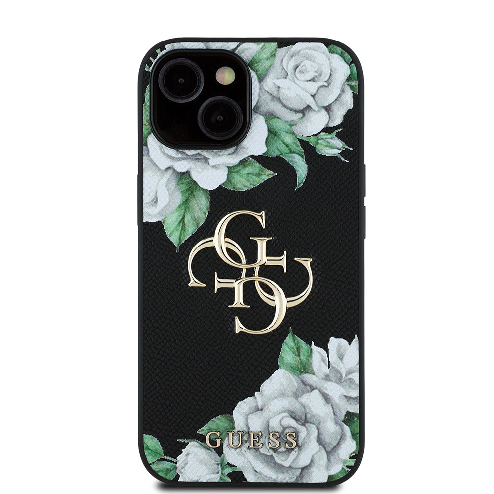 iPhone 15 Kılıf Guess Orjinal Lisanslı Gül Baskılı Büyük Metal Logo Dizaynlı Kapak
