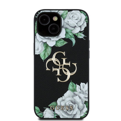 iPhone 15 Kılıf Guess Orjinal Lisanslı Gül Baskılı Büyük Metal Logo Dizaynlı Kapak