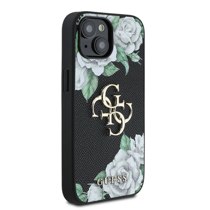 iPhone 15 Kılıf Guess Orjinal Lisanslı Gül Baskılı Büyük Metal Logo Dizaynlı Kapak