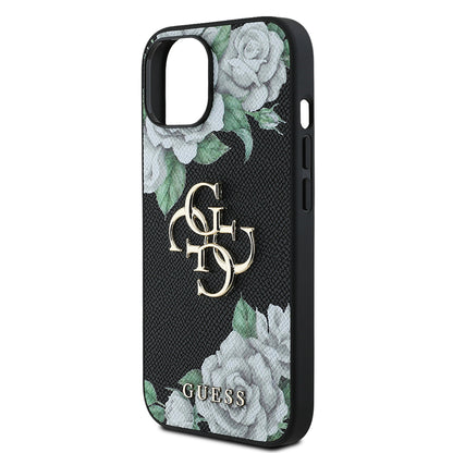 iPhone 15 Kılıf Guess Orjinal Lisanslı Gül Baskılı Büyük Metal Logo Dizaynlı Kapak