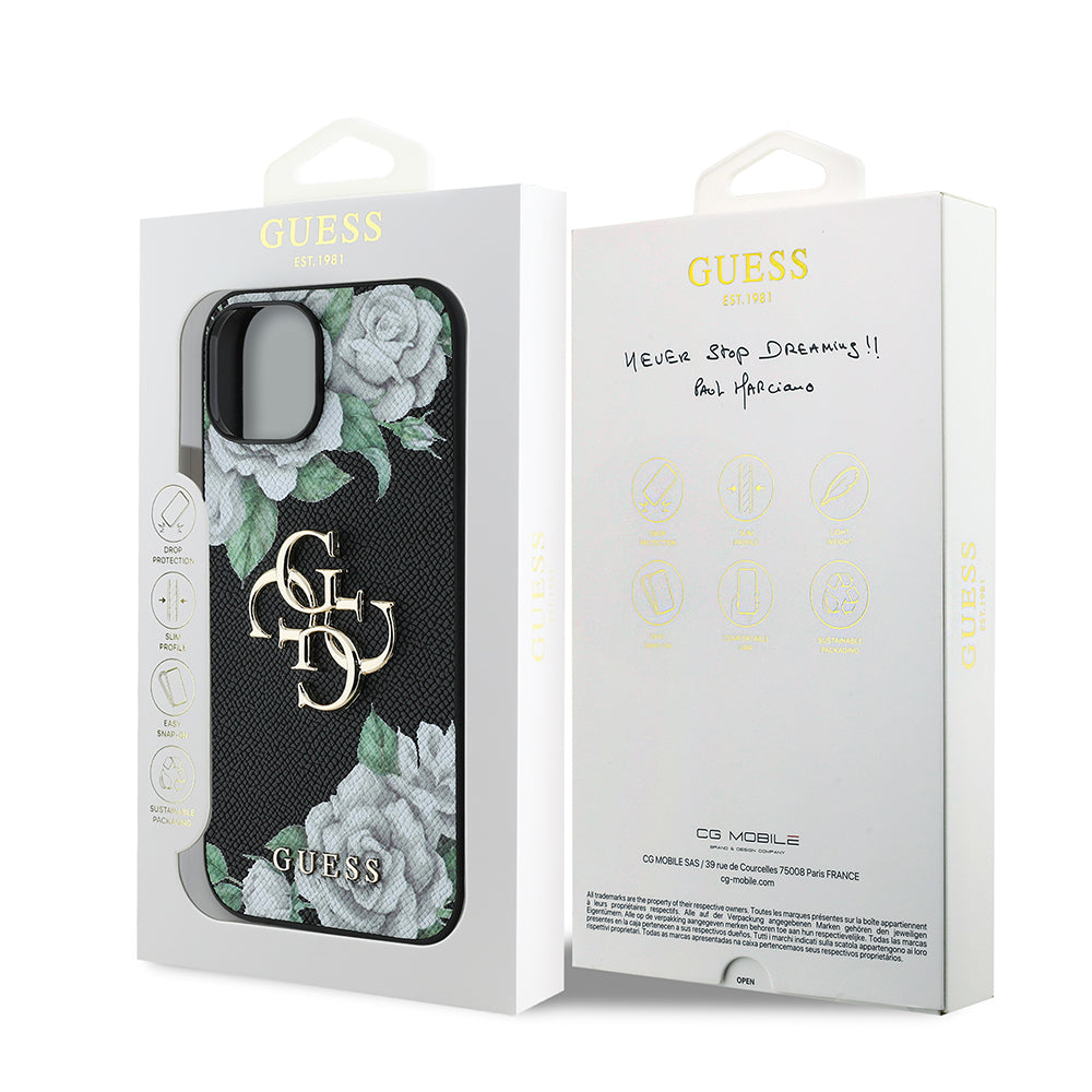 iPhone 15 Kılıf Guess Orjinal Lisanslı Gül Baskılı Büyük Metal Logo Dizaynlı Kapak