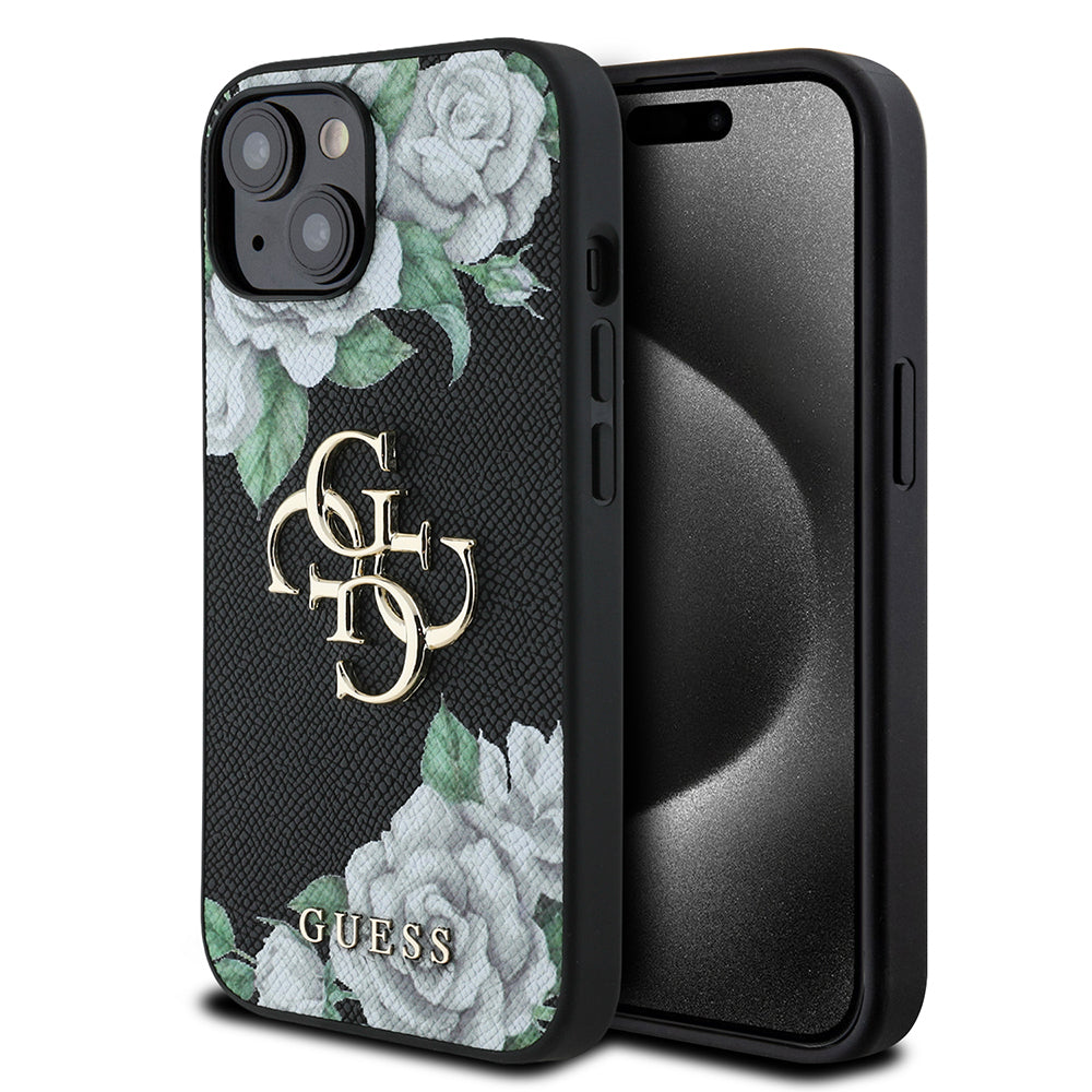 iPhone 15 Kılıf Guess Orjinal Lisanslı Gül Baskılı Büyük Metal Logo Dizaynlı Kapak