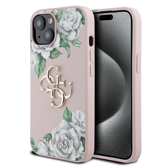 iPhone 15 Kılıf Guess Orjinal Lisanslı Gül Baskılı Büyük Metal Logo Dizaynlı Kapak