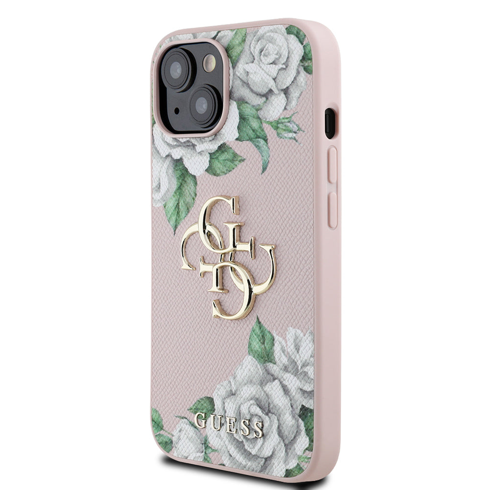 iPhone 15 Kılıf Guess Orjinal Lisanslı Gül Baskılı Büyük Metal Logo Dizaynlı Kapak