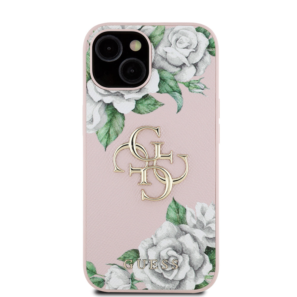 iPhone 15 Kılıf Guess Orjinal Lisanslı Gül Baskılı Büyük Metal Logo Dizaynlı Kapak