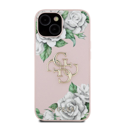 iPhone 15 Kılıf Guess Orjinal Lisanslı Gül Baskılı Büyük Metal Logo Dizaynlı Kapak