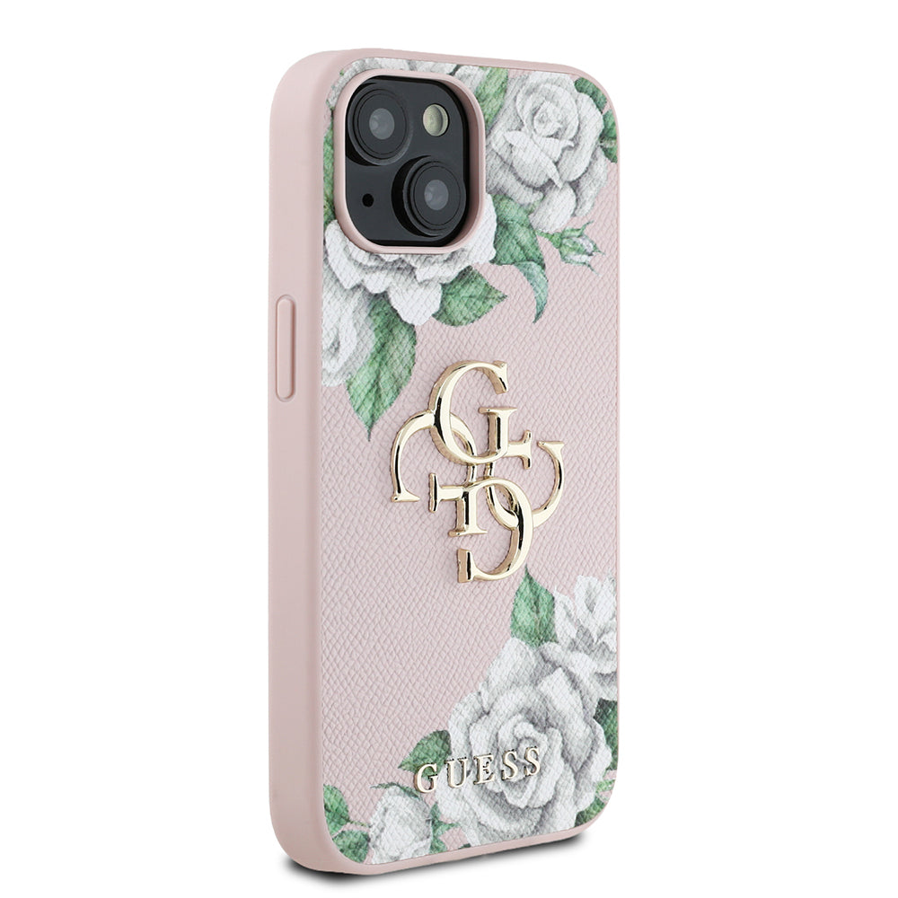 iPhone 15 Kılıf Guess Orjinal Lisanslı Gül Baskılı Büyük Metal Logo Dizaynlı Kapak