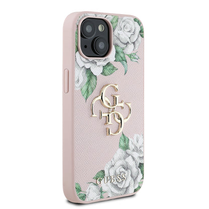 iPhone 15 Kılıf Guess Orjinal Lisanslı Gül Baskılı Büyük Metal Logo Dizaynlı Kapak