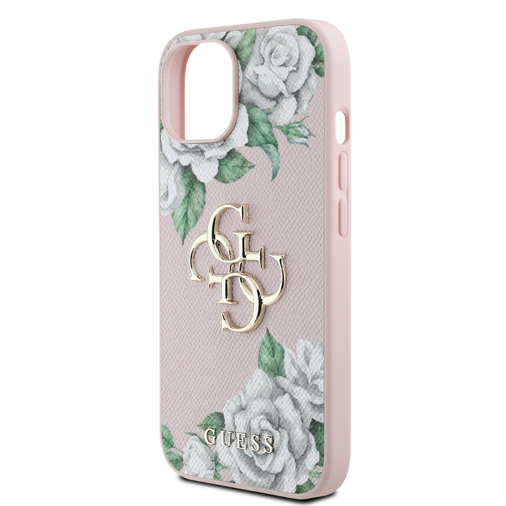 iPhone 15 Kılıf Guess Orjinal Lisanslı Gül Baskılı Büyük Metal Logo Dizaynlı Kapak