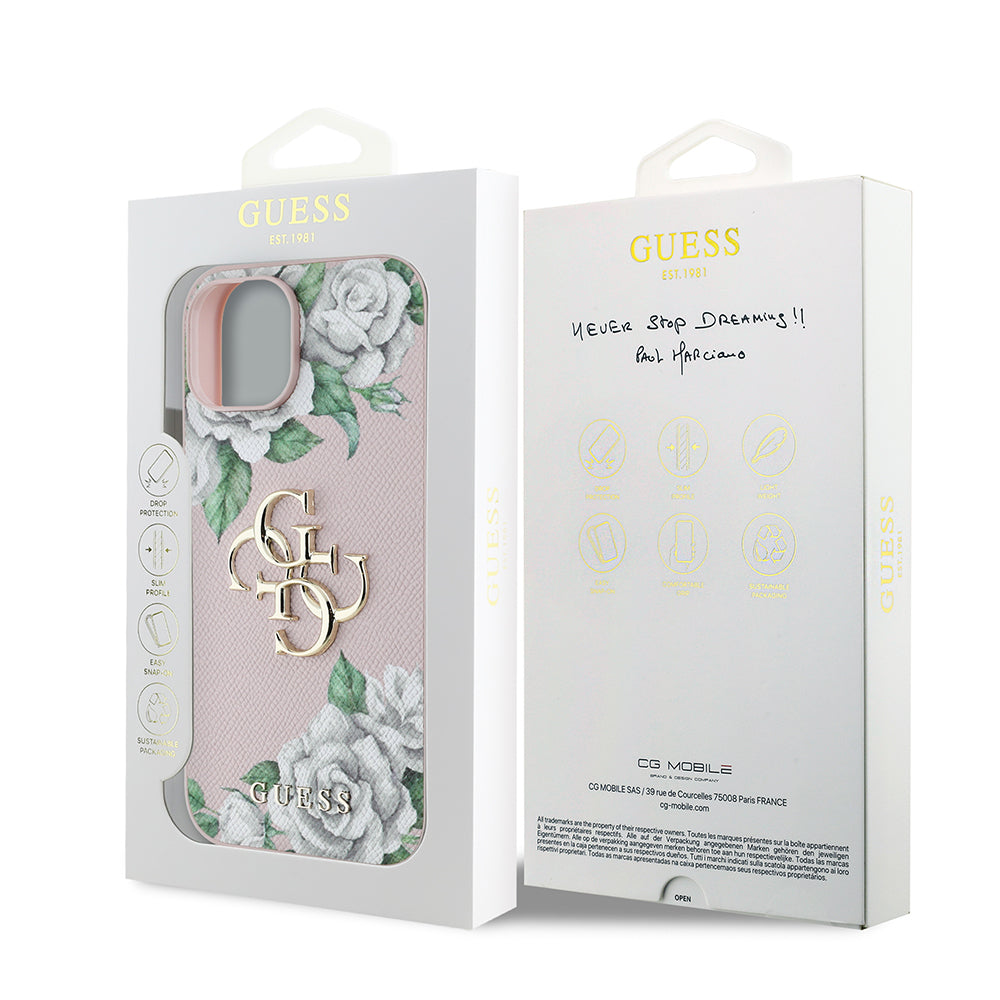 iPhone 15 Kılıf Guess Orjinal Lisanslı Gül Baskılı Büyük Metal Logo Dizaynlı Kapak